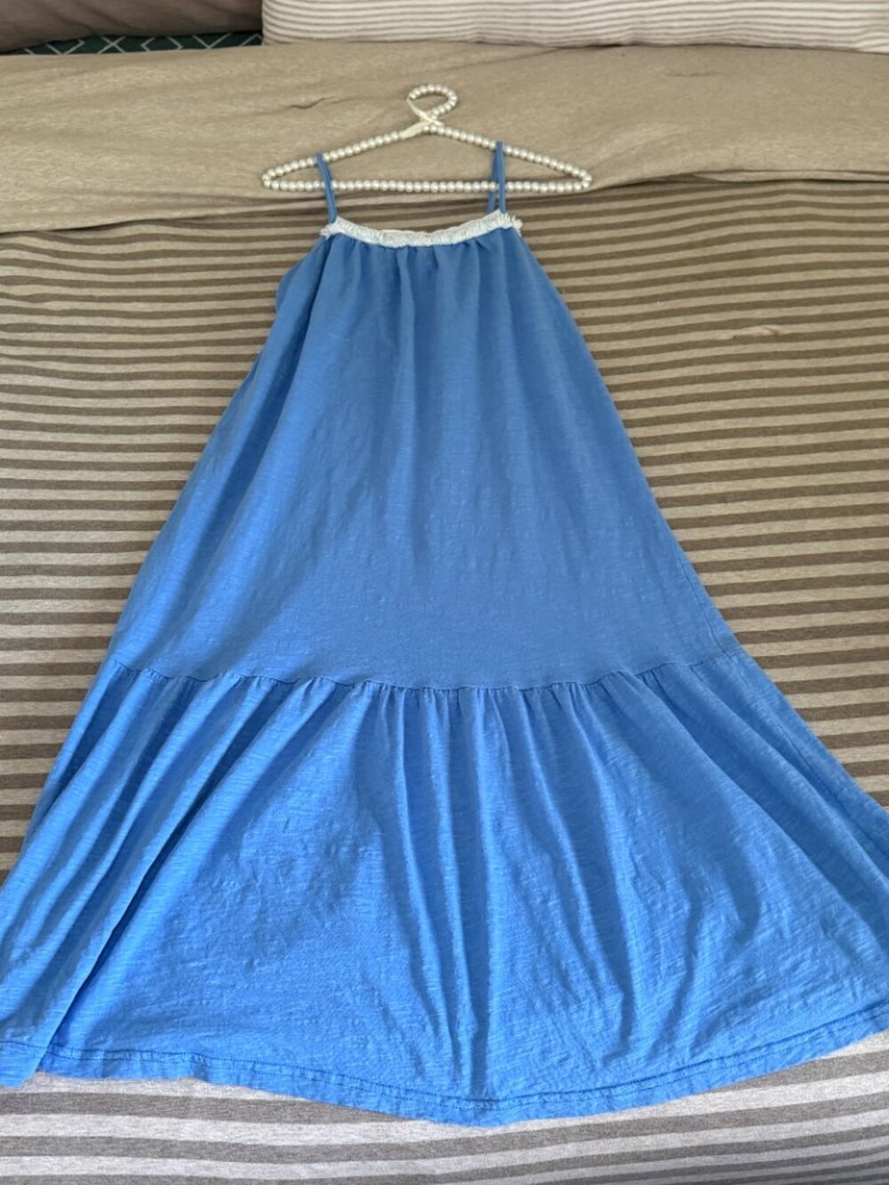 Blue Boho Maxi Dress Crochet Trim Tiered Cotton Sundress - Picture 3 of 8